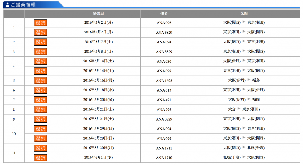 ANA搭乗証明書2016年5月